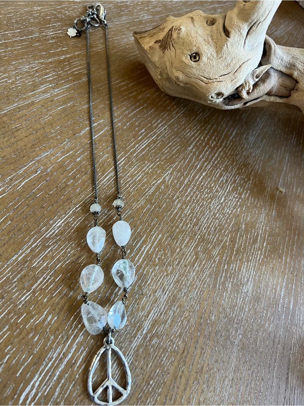 Lucky Brand Silver-Tone Peace Sign Necklace with Clear Beads in Box - Picture 2 of 8